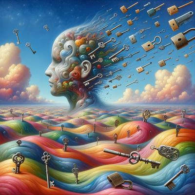 The primary subject of the image is a person's head, which is surrounded by various keys and locks. The setting is a colorful, abstract landscape, with a blue sky visible in the background. The visual style is a combination of digital art and illustration, creating a unique and vibrant atmosphere. The dominant colors are a mix of bright and bold hues, such as red, blue, yellow, and green, which contribute to the overall mood of the image.
